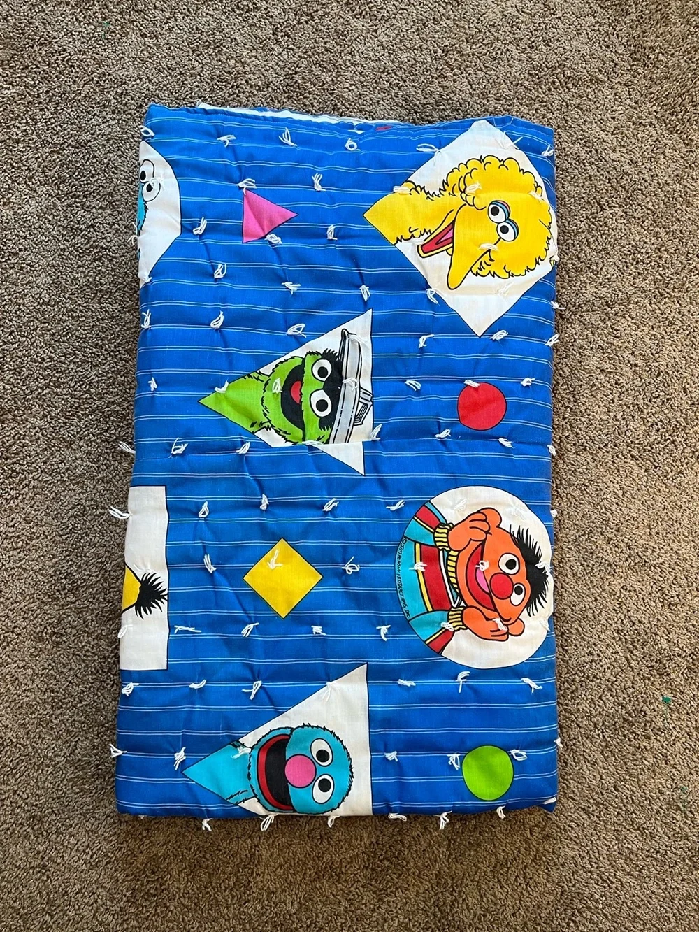 Vintage Sesame Street Blanket Big Bird Elmo Blue Geometric Shapes Handmade
